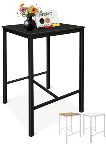 BeFair Bartisch Sven 60x60x100 cm Schwarz mit Fußstütze | Stabiles Metallgestell bis 100 kg | Fußstütze | 20 mm MDF-Platte | Höhenverstellbare Füße | Industrial Design