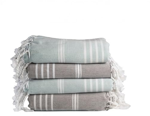 Salt Earth 100% Cotton Sateen Turkish Beach Towel, (Set of 4, 36x72) - Soft, Quick Dry, Absorbent Towels for Bathroom, Home, Travel, Pool, Spa, Bath, Swim - Beach Towels Oversized (Grey, Blue)