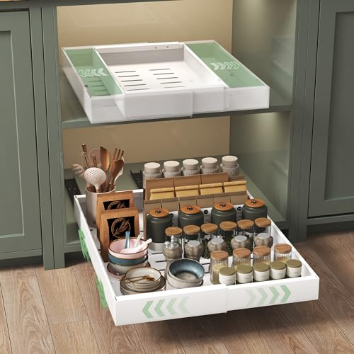 NETEL 2 Pack Expandable Pull Out Cabinet Organiser,Depth 53 cm,Adjustable Width 32cm-52cm, 3 Rails No Drill,Adhesive Peel And Stick Slide Out Drawers for Kitchen Cabinets