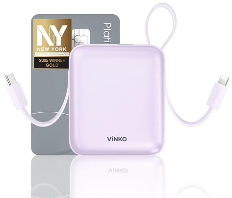 Power Bank 10000mAh, Mini Bateria Externa Carga Rapida con 2 Cables, PD 22,5W, Bateria Portatil Pequeña, Cargador Portátil movil USB C Compatible con iPhone 16 15 14 13 Serie Samsung Android (Púrpura)