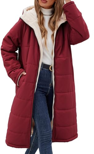 Vancavoo Lång vinterkappa till dam tjock vadderad jacka varm fleecejacka parkas jacka långärmad ytterrock med huva ytterrock, Bordeaux, XL