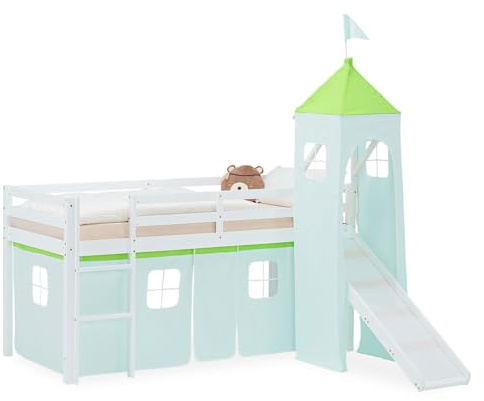 Homestyle4u Hochbett mit Rutsche & Turm 90x200 cm Weiß, Kinderbett aus Holz Kiefer, mit Vorhang Grün, Artikel 2969