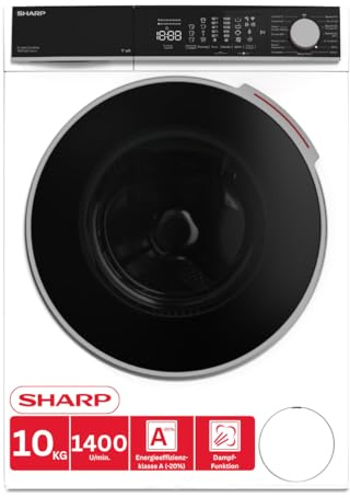 Sharp Lave-linge frontal ES-WNFL014CWDA-DE - 10 kg 1400 tr/min Classe énergétique A, WiFi, fonction vapeur, AquaStop, écran LED, moteur inverter, blanc