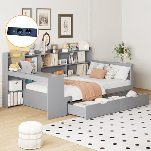 okwish Stauraumbett 90x200 cm für Kinder und Jugendliche, Grau | Steckdose, Schreibtisch, Bücherregal, Stauraumfach, Regal, 2 Schubladen, Stauraum, Versand in 3 Paketen