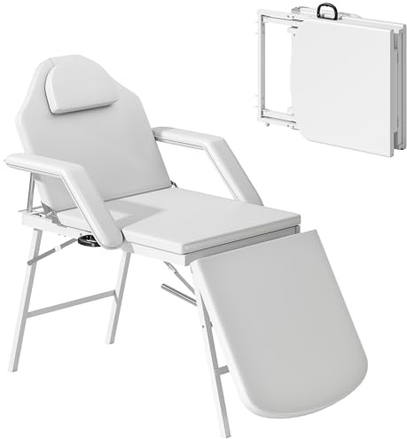 HOMCOM Portable Massage Table, 3 Section Adjustable Beauty Bed, Foldable Massage Bed with Face Hole, Recliner Chair with Removable Headrest and Armrests for Spa, Lash, Tattoo, White