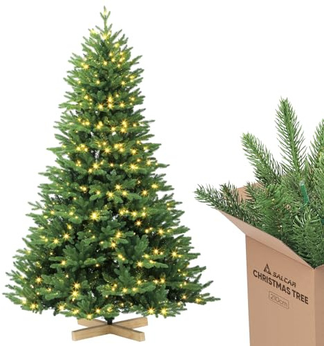 SALCAR Künstlicher Weihnachtsbaum 210 cm mit Warm LED-Beleuchtung und Holzständer, PE-Spritzguss und Unsichtbares PVC Tannenbaum (Ø ca. 140 cm) mit Schnellaufbau-Klappsystem