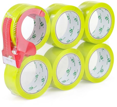BOMEI PACK 6 Rolls Light Yellow Packing Tape 48mm x 66m Strong Sticky Heavy Duty Moving Boxes Sealing Tape with 1 Dispenser