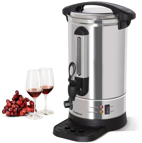 Todeco Glövkokare 7,7 l, 1 500 W varmdrycksautomat i rostfritt stål med tappkran, droppbricka, termostat 30–110 °C, för glödvin, te, vatten