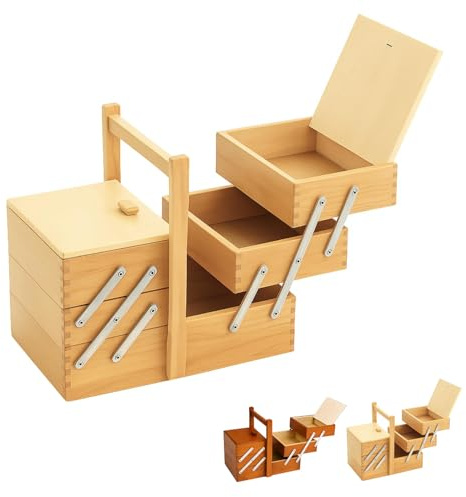 Paluplus Cestino portacucito in Legno a 3 Piani, Misura 34x23x29 cm, Scatola a Scaletta con maniglia e 5 Scomparti per accessori cucito, sartoria e fai da te, Made in Italy -022F -3,1 (Naturale)