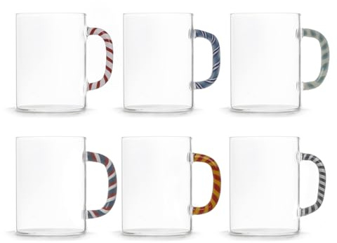 H&H Set di 6 Tazze in Vetro Borosilicato, Manici Decorati Stile Candy Cane, Colori Assortiti, 470ml, Lavabili in Lavastoviglie, Idea Regalo Natalizia