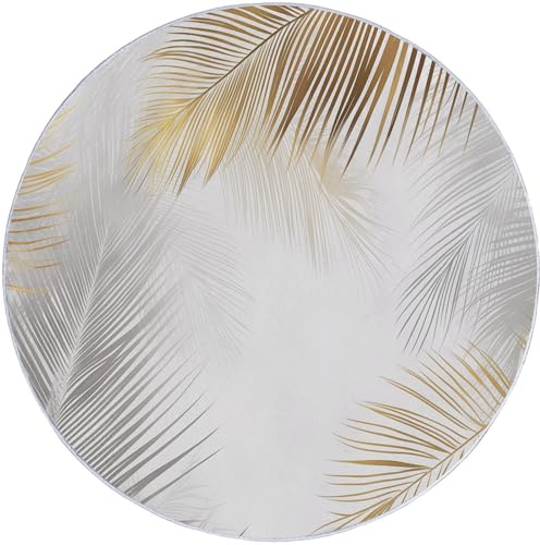 Tapis Rond de Salon Luxe Feuilles de Palmier : Le Luxe de la Nature pour Salle à Manger Bureau Lavable en Machine et Poil Court 90 cm (Round) Tapis Chambre avec Dos Antidérapant Or