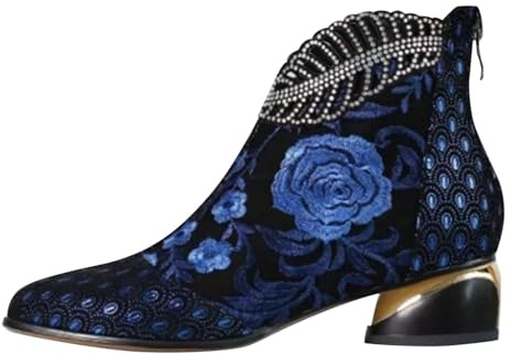 winter shoes for women uk Ladies Boots Chunky Heel Mid Heel Short Boots Women's Border Large Size Glitter Sequins Round Head Chunky Wide Fit Wedge Shoes Warm Lined Low Calf womens ankle Blue 6