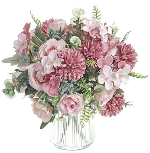 3 Bunches Pink Artificial Peonies Mixed Fake Silk Hydrangea Artificial Flowers Realistic Roses Bouquet Faux Wedding Rose Flower Bridal Bouquet Party Floral Arrangement Table Centerpiece Home Decor