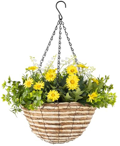 CHRISTOW Artificial Daisy Hanging Basket, Yellow, 25cm | Ready to Hang Woven Basket, Daisies, Eucalyptus, Bellflower Orchids & Gypsophila, UV-Protected Foliage, Triple Hanging Chain