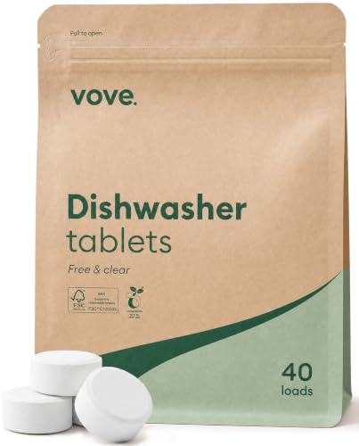 Vove Dishwasher Tablets, 40 Count - Plastic-Free, No PVA, No Microplastics - 2x Enzyme Power for Sparkling Dishes - Plant-Based, Fragrance-Free, Septic Safe, FSC-Certified