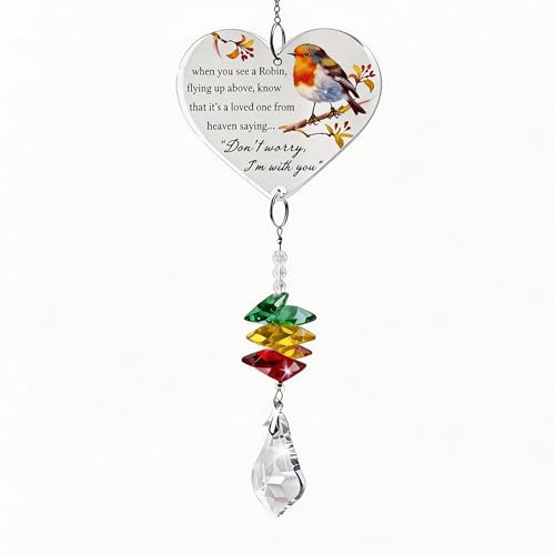 Heart Shaped Robin Memorial Gift - Acrylic Hanging Ornament with Rainbow Reflection, Bereavement Gift for Adults, Christmas Home Decoration