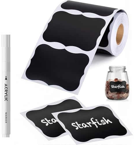 120 Tafel-Aufkleber zum Beschriften auf Rolle inkl. weißem Stift - Selbstklebende Etiketten Wasserfest für Gewürzgläser, Vorratsdosen & Küche - PVC Klebeetiketten Schwarz, 5,5 x 3,5 cm