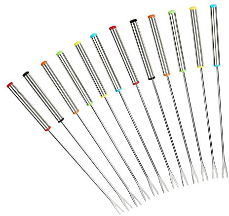 GuDoQi Tenedores para Fondue de Acero Inoxidable, Juego de 12, Palos para Asar Malvavisco, Mango Resistente Al Calor, Tenedores para Queso, Frutas, Chocolate, Asados (24 cm)