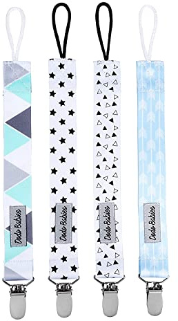 Dodo Babies Pacifier Clip Set - Four Clips Plus Binky Case - Universal Holder Fits Most Paci Brands, Teether Toys and Car Seats - Blue and White Prints for Girls or Boys