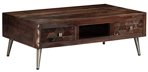 Festnight Couchtisch | Holz Wohnzimmertisch | Retro Sofatisch | Wohnzimmer Holztisch | Vinatge Kaffeetisch | Mit Schubladen und Fach | Massives Altholz 100 x 60 x 35 cm