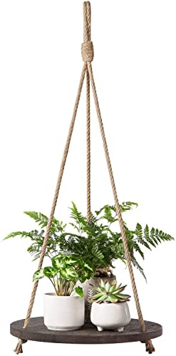 Dahey Hängendes Pflanzenregal, rund, Holzseil, hängendes Schweberegal, Vintage, Heimdekoration, Ausstellung, Pflanzgefäßregal für Wohnzimmer, Schlafzimmer, Küche, Dunkelbraun