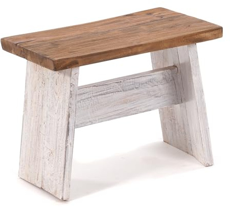 DESIGN DELIGHTS RUSTIKALES SITZBÄNKCHEN SCHEMEL 40 | Mahagoni, massiv, 40x31x25 cm (BxHxT) | Fußhocker, Dekohocker aus Holz | Farbe: 05 weiß-Natur