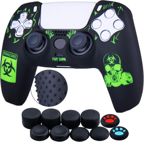 Yorha Hintere Punkte Carving Silikon Hülle Abdeckungs Haut Kasten für PS5 Controller x 1 (BH Grün) mit Pro Aufsätze Thumb Grips x 10