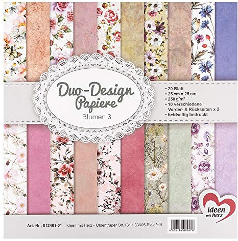 Ideen mit Herz Papel Duo-Design | bloc con 20 hojas | 25 x 25 cm | 250g/m² | impreso por ambas caras | papel de diseño, con motivos | ideal para scrapbooking (Flores 03)