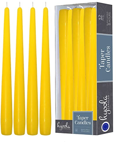 Hyoola Candele Lunghe a Cono 25 cm - Candele Coniche Senza Profumo Antigoccia - Candele Colorate Giallo - Candele Lunga Durata 8 ore - Set Candele Affusolate da 12