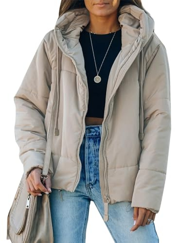 Dokotoo Fashion Winter Clothing for Women Hooded Puffer Jacket Beige M