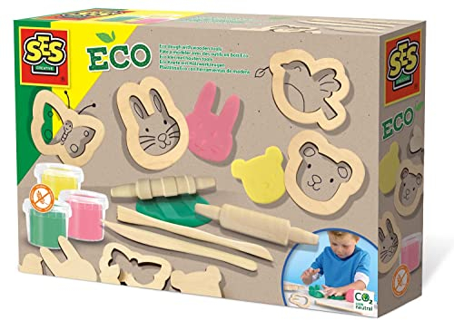 SES Creative 24917 – Eco Knete Set mit Holzwerkzeugen, Umweltfreundlich, Fördert Motorik und Kreativität, diverse Farben
