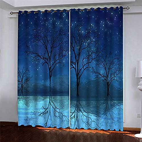 BKTTDS Rideaux Occultants Isolants 140X160cm Paysage De Bois Bleu Étoilé Rideaux Occultants Thermiques pour Chambre Et Salon Isolant Phonique Et Thermique (Chaud/Froid), Rideau Opaque A Oeillets