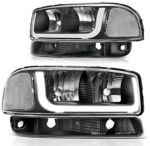 DWVO LED DRL Headlight Assembly Compatible with 1999-2006 GMC Sierra 1500/2500, 2007 GMC Sierra 1500/1500HD/2500HD/3500 Classic, 00-06 Yukon XL Black Housing Clear Reflector Headlamps
