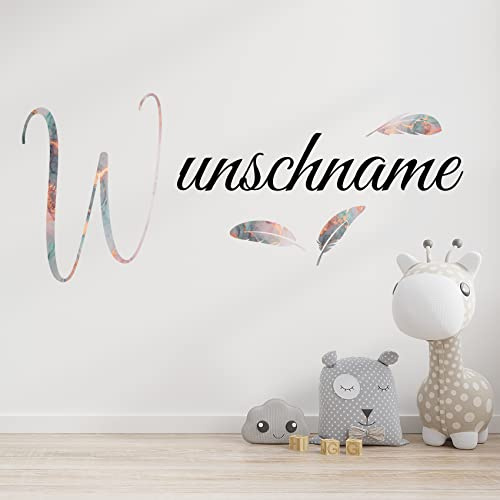 Wandaufkleber Set mit Wunschname Wunschtext Wandtattoo personalisiert mit Name Sterne Feder Blume für Kinderzimmer Wohnzimmer Tür Eingang Flur Aufkleber selbst gestalten (04 Marmor rosa)
