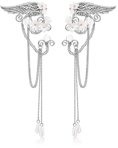 HIFOT Elfen Ohrringe für Damen Silber, Flügel Elfen Ohren Manschette Ohrclips Damen Ohne Ohrlöcher Perlen Blume Ohrringe Engelsflügel für Elben Kostüm Feenkostüme Frauen Halloween Cosplay