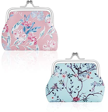 FuninCrea 2 Pcs Faux Leather Coin Purse for Women with Kiss Lock, Floral Pattern Change and Coin Wallet Double Clasp Closure Mini Wallet for Cash Key (Blue+Dark Pink)