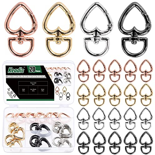 Keadic 20 Stück Zinklegierung Herzförmiger Drehverschluss Schlüsselanhänger Clip Sortiment Set Trigger Federschnalle mit D-Ring-Verschlüssen Haken für Schlüsselring Lanyard