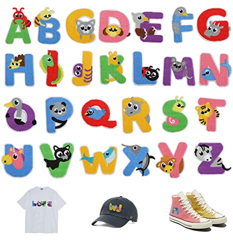 Bestickte Aufnäher Alphabet, AZWOOD Patches Zum Aufbügeln von A-Z, leuchtende Farben, Dekorative Bastelflicken zum Aufnähen auf Kleidung, Kleid, Hut, Jeans,Rucksäcke, DIY-Zubehör, 26 Stück