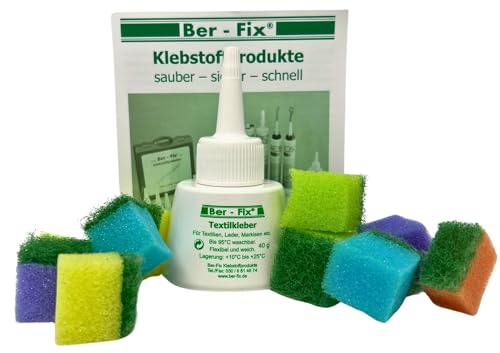 Ber-Fix 40g Textilkleber – Waschbar bis 95°C & extra stark – Flexibler Stoffkleber für Kleidung, Naturfasern & Heimtextilien – Inklusive 12 Auftragsschwämmen