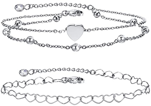 2 Stücke Fussketten für Frauen - Verstellbare Handgewebte Herz Anhänger Fussketten mit Edelstahl Figaro Kette Fußkette für Sommer Barfuß Schmuck, Strand Fußschmuck Geschenke Fußkettchen für Damen