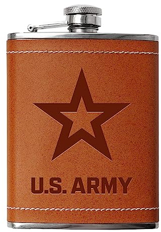 Leather Wrapped 8 oz Army Flask | Stainless Steel USA Hip Flask – Tobacco Brown, US Army Gifts | Disabled USMC Vet Owned SMALL Business