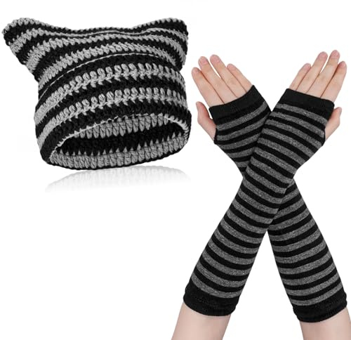 FRIUSATE Women's Cat Beanie Crochet Hat,Cute Crochet Hats for Women Cat Ear Beanie Hat Knitted Striped Winter Warm Slouchy Beanie Hat with Long Fingerless Gloves for Women