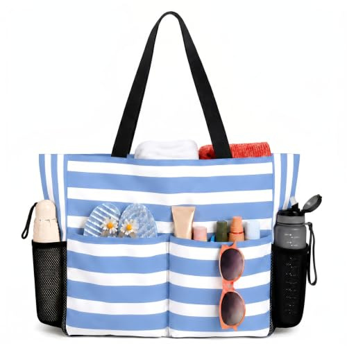 TAHAVICE Strandtasche Damen mit Reißverschluss, Große Strandtasche xxl Familie, Badetasche Damen Wasserdicht, 8 Tasche Beach Tote Bag für Reisen Pool