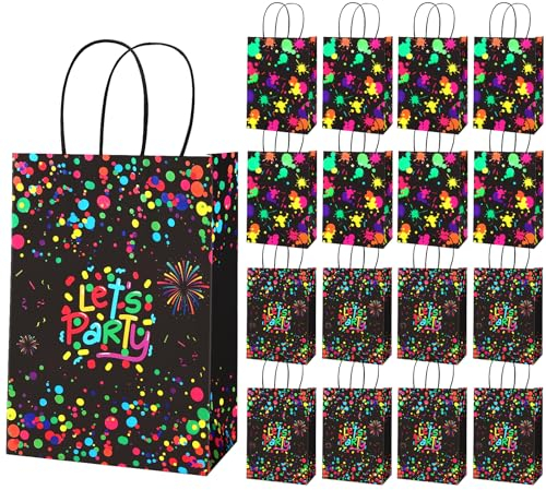 Neon Party Deko Geschenktüten Kindergeburtstag, 16 Mitgebsel Tüten mit Henkel, Glow in the Dark Geburtstagstüten Mitgebsel Kinder, Papiertüten Klein für Neon Fasching Geburtstagsdeko Partytüten