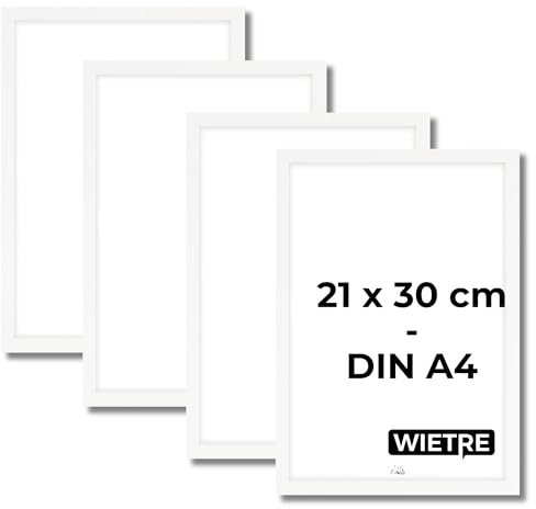 WIETRE set di 4 cornici A4 21x30 cm in legno MDF bianco | cornice per poster | vetro acrilico infrangibile | da appendere e da appoggiare - per foto, quadri e poster