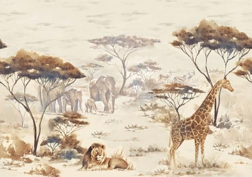 Rasch Tapete 363661 - Fototapete auf Vlies mit Safari-Motiv in Beige mit Giraffen, Elefanten und Löwen