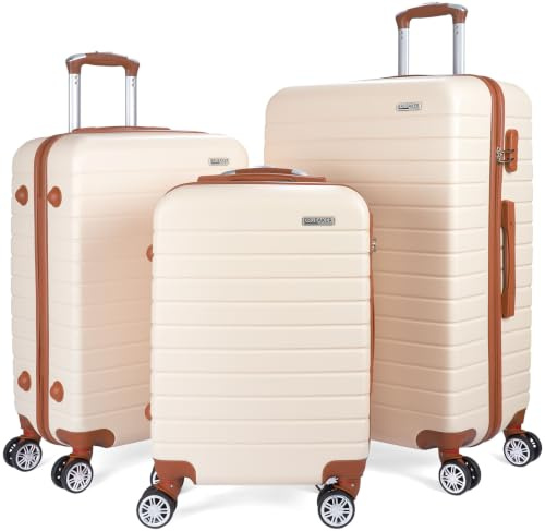 BRUBAKER Set de Maletas Paris - 3 Piezas con Equipaje de Mano - Trolleys de Maletas de Viaje con Cerradura de Combinación, 4 Ruedas y Cómodas Asas (M, L, XL - Blanco Crema y Marrón Claro)