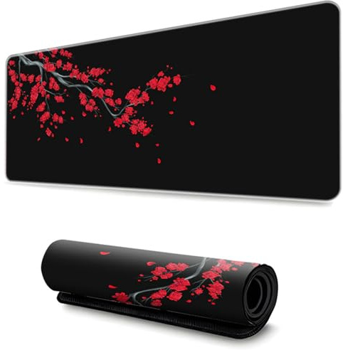 Hixingo Schwarze Sakura Mauspad XXL/XL/L, Gaming Mauspad, Vernähte Kanten Mousepad, Mauspad mit Anti-Rutsch Gummiboden, Mouse pad für Büro, Zuhause (900x400x3mm,Rot)
