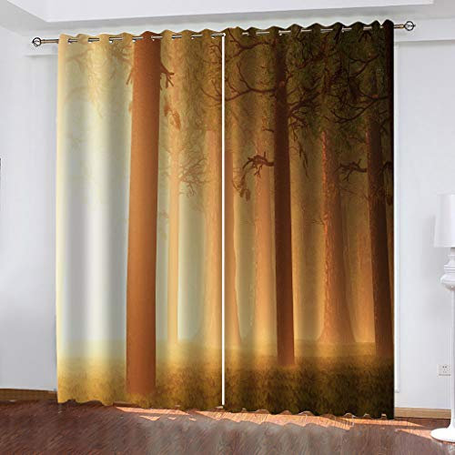 Vorhang Blickdicht Gardinen Mit Ösen, 2 Stücke Verdunklungsvorhänge 3D Waldlandschaft Mit Goldenem Sonnenschein Muster Thermovorhang Für Kinderzimmer Schlafzimmer Weihnachtsgardinen 230X234cm (HxB)