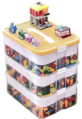 Contenitore per Giocattoli, Scatola di Immagazzinamento di Blocchi da Costruzione per Bambini con Coperchio, 3 Strati Scatole Plastica Impilabili Trasparenti con Scomparti per Riporre (Giallo)